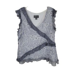 Spenser Jeremy Silk Blue White Paisley Ruffles Sleeveless Blouse Top Size XL